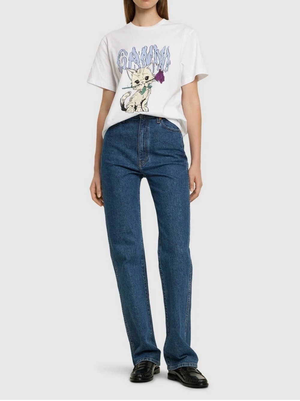 Ganni White Tee with Cream Cat Holding Purple Rose - Picture 4 of 13